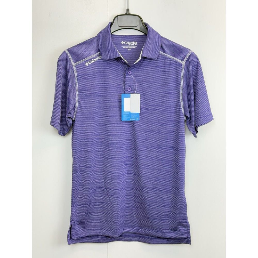 NEW COLUMBIA Golf Omni-Wick Shotgun Polo Shirt Mens Size S Purple Striped